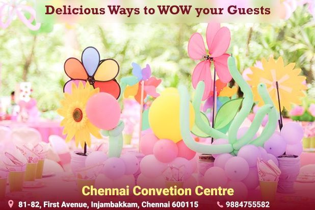 Colorful kids' birthday party food station at Chennai Convention Centre