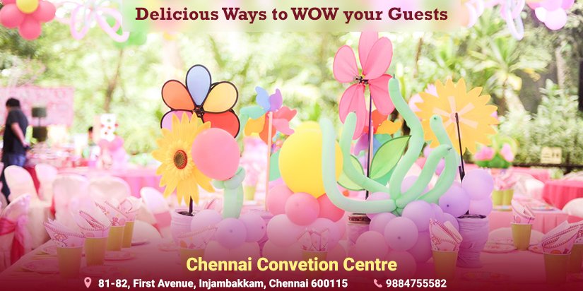 Colorful kids' birthday party food station at Chennai Convention Centre