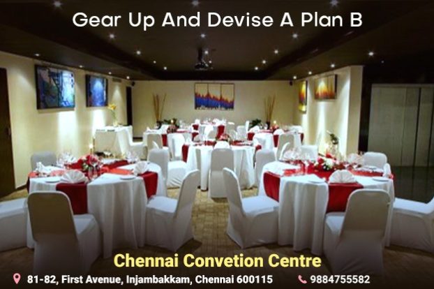 Wedding Hall in Chennai. Chairs arranged and room decorated with lights