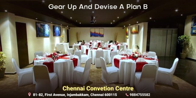 Wedding Hall in Chennai. Chairs arranged and room decorated with lights