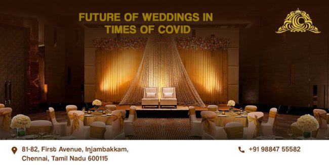 Elegant marriage hall decorated beautifully with lights and flowers