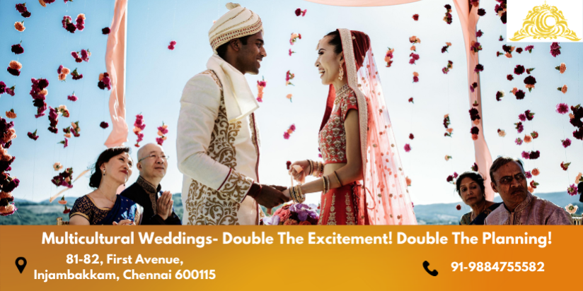 Bride and groom holding their hands and looking each other with a bright smile at their multicultural wedding