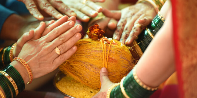Indian wedding ceremonial events getting blessing from elders illustrates the procedures at sathabhishekam.