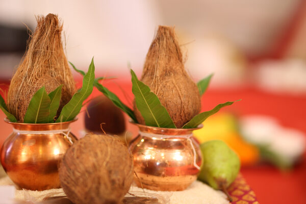 Image of kalash kept for sashtiapthapoorthi rituals.