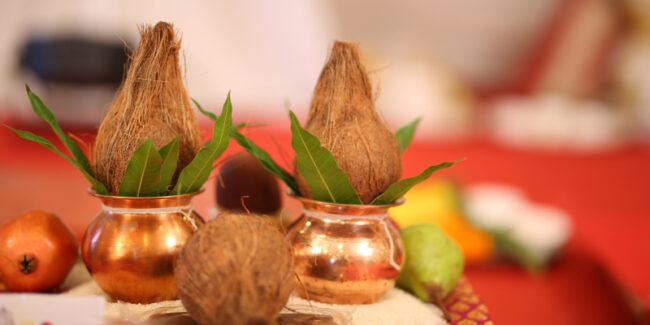 Image of kalash kept for sashtiapthapoorthi rituals.