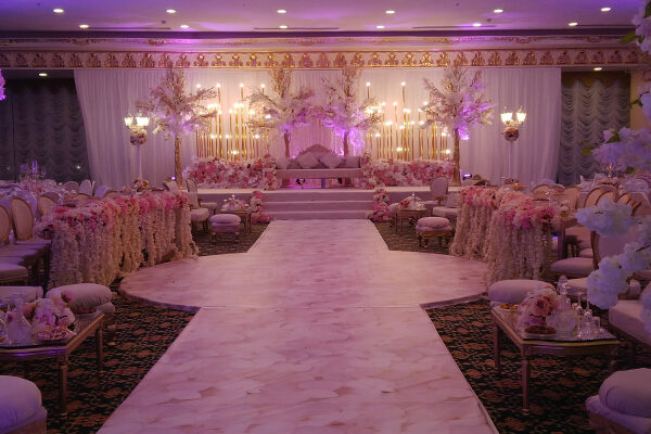 Image of a decorated Banquet hall all set for a wedding.