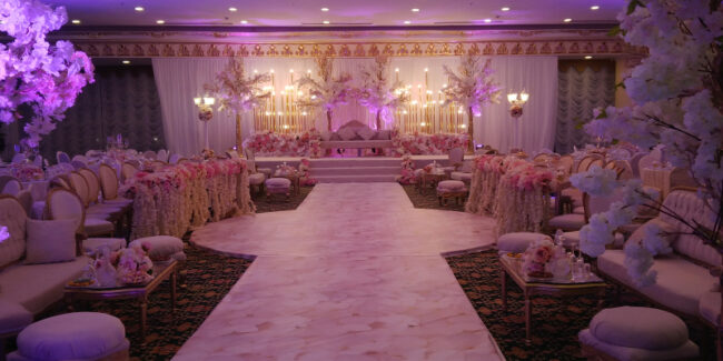 Image of a decorated Banquet hall all set for a wedding.
