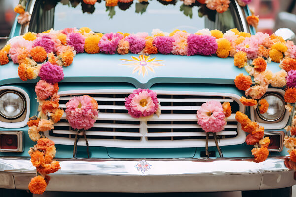 A car decorated with flowers is ready for Janavasam.