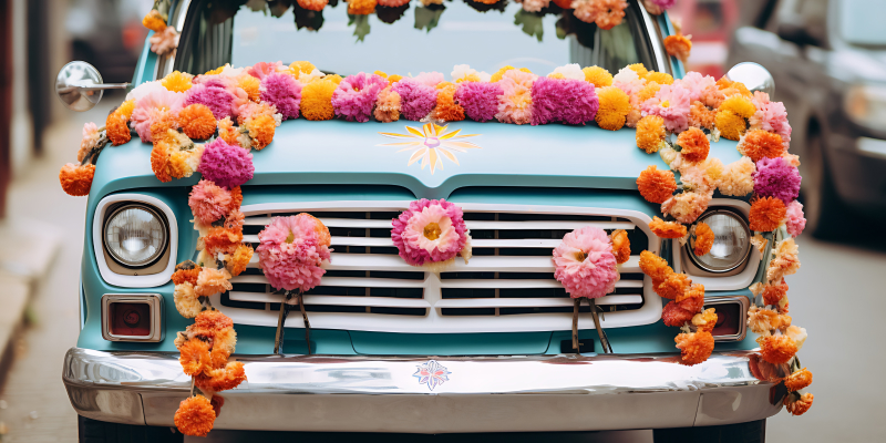 A car decorated with flowers is ready for Janavasam.