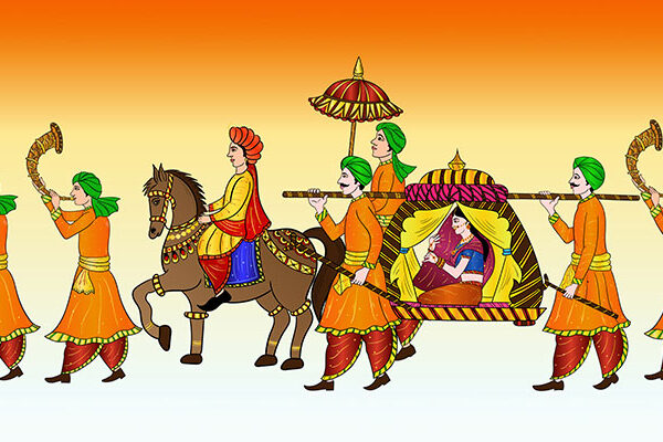 A bride making her entrance to the wedding ceremony with family members.