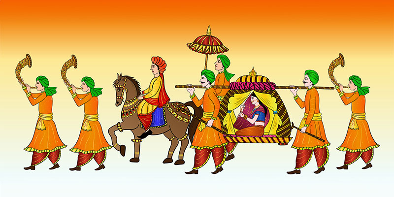 A bride making her entrance to the wedding ceremony with family members.